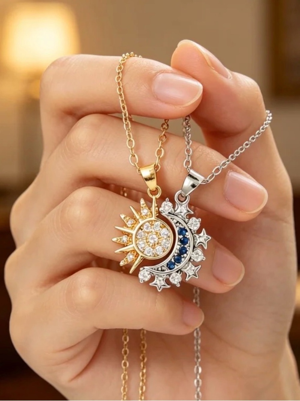 Gold and Silver Sun & Moon Pendant Necklace with Blue Accents - Picture 8 of 9